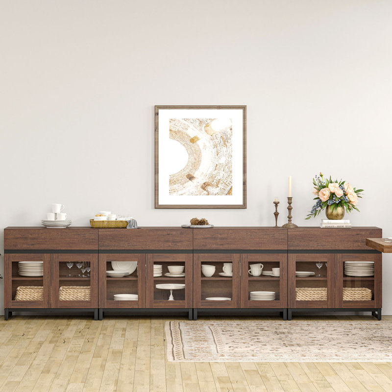 4 In 1 Multifunctional Sideboard Buffet Cabinets With 8 Glass Doors And 4 Drawers, Modern Sideboard Credenza With Metal Base, Coffee Bar Storage Cabinet For Living Room, Kitchen