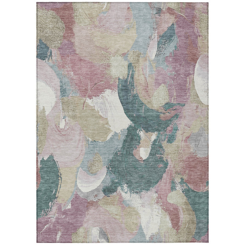 Tapis extérieur lavable abstrait beige et sauge 3 pi x 5 pi Mauve