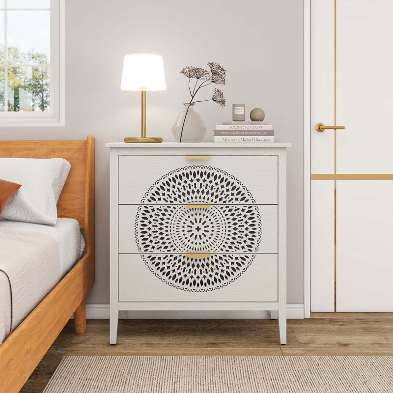 3 Drawer Cabinet With Hollow-Carved, Beige