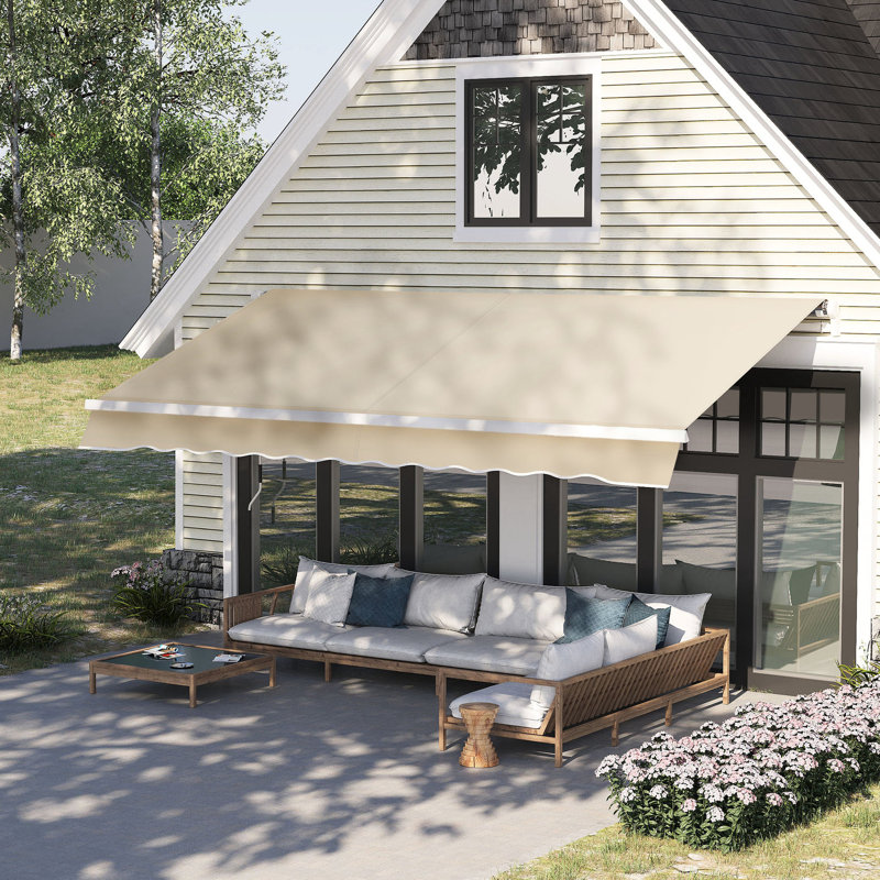 Auvent de terrasse rétractable 12 pi x 8 pi. Abri pare-soleil avec manivelle. 280 g / m² et eau - tissu. Cadre en aluminium pour terrasse, balcon, cour. Auvent de balcon blanc crème, poignée, tissu