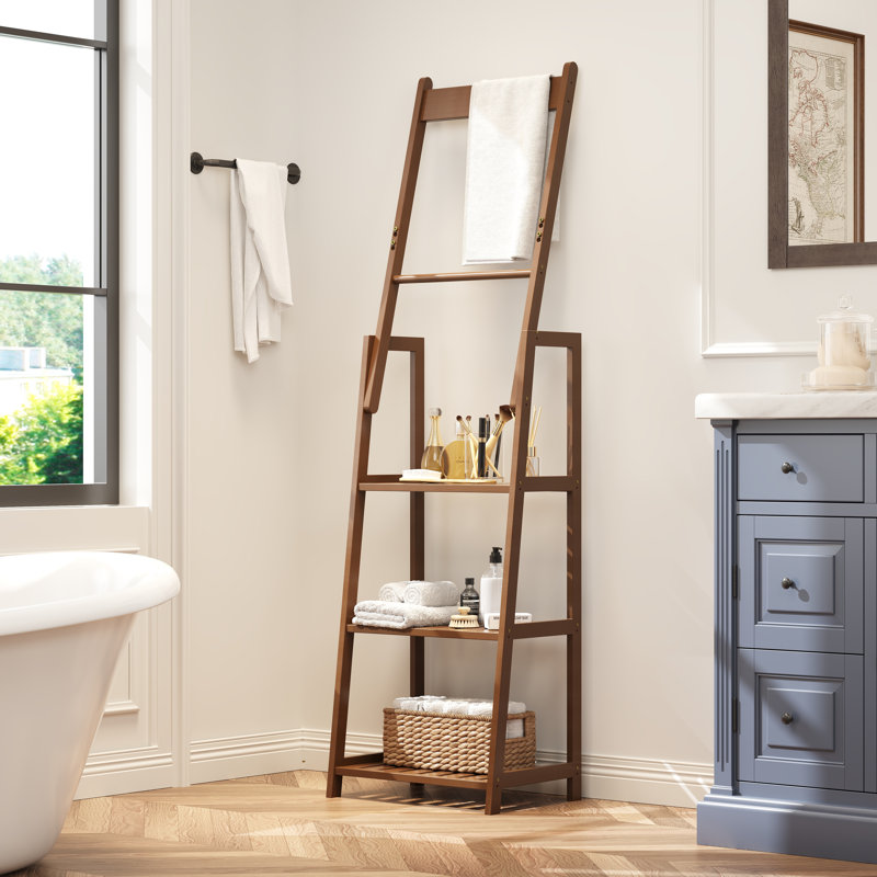 Porte-serviettes échelle en bambou avec étagères de rangement à 3 niveaux, porte-serviettes de salle de bain sur pied en noyer