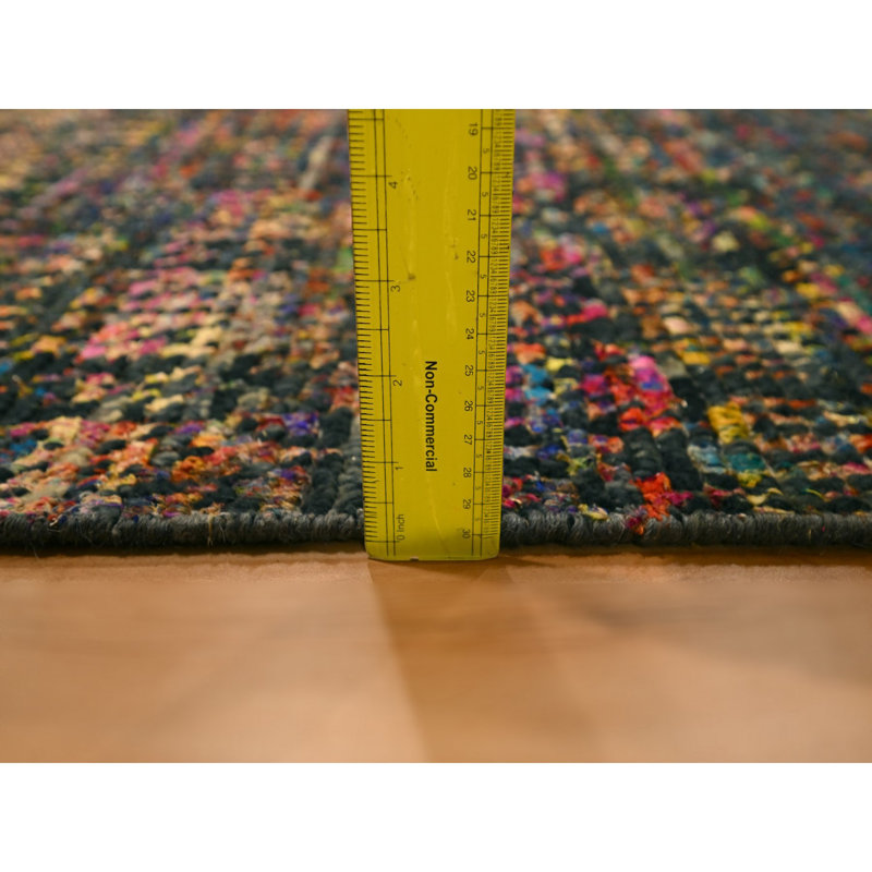 2'6"x11' Black Sari Silk and Wool Striae Design Hand Knotted Runner Rug G76206