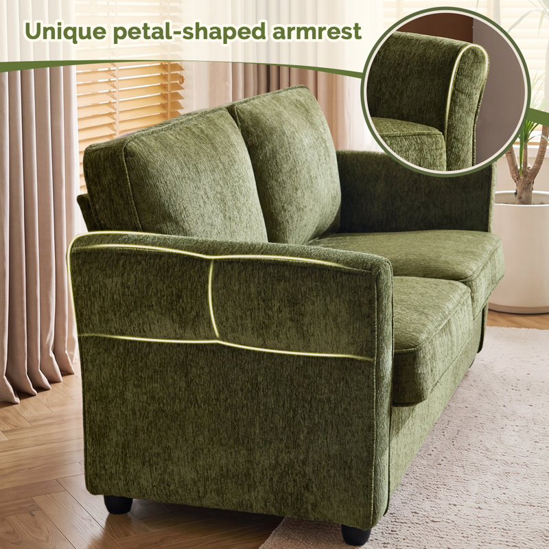 Causeuse compacte à accoudoirs floraux en chenille pour 2 personnes, Vert olive