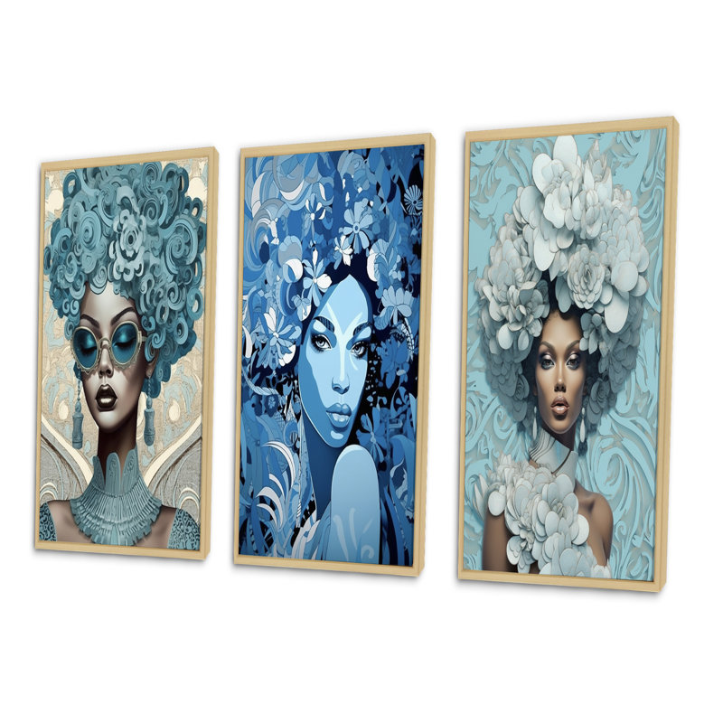 «Elegant Blue Fashion African Goddess Grace», 3 pièces sur toile, Cadre naturel flottant, H 28 po x l 36 po
