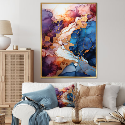 Rose et bleu tourbillonnant fluide, peinture V - art mural abstrait