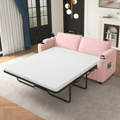 Canapé-lit 72,8 po en velours côtelé avec matelas pleine grandeur, deux ports USB, deux porte-gobelets, deux poches latérales et un support pour téléphone pour le salon, rose