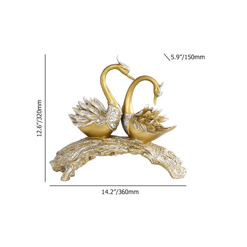 14.2" Gold Modern Simulation Couple Swan Sculpture Art Ornament Home Table Statue Decor, White/Gold