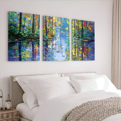 Colorful Forest Reflection Canvas Wrapped Wall Art, Abstract Oil Painting Print (Set of 3)
