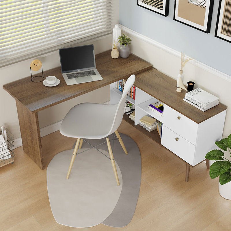 Bureau en L 59 po avec 2 tiroirs et 4 tablettes de rangement Modern