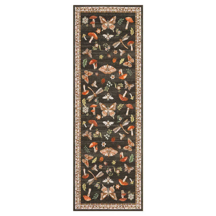 Floral Machine Washable Rug with Non-Slip Backing, Soft Thin Low Pile Non Shedding Floor Carpet, Indoor Foldable Printed Accent Mat for Living Room/Nursery/Bedroom