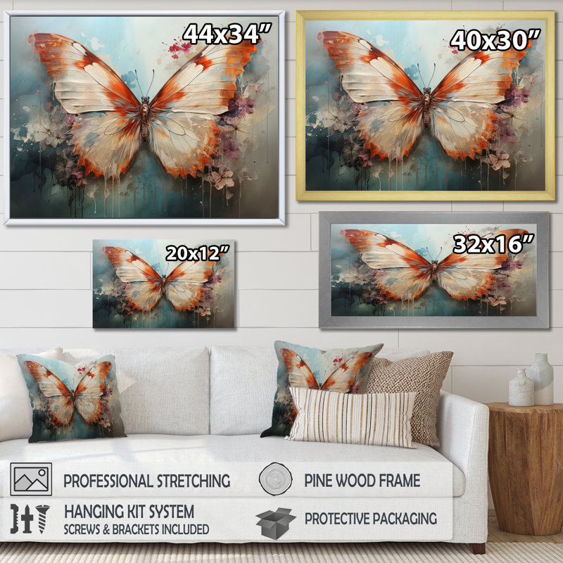 Orange White Butterfly Butterflys Flight II - Animals Canvas Art Print, Toile tendue, H 24 po x l 32 po x P 1 po