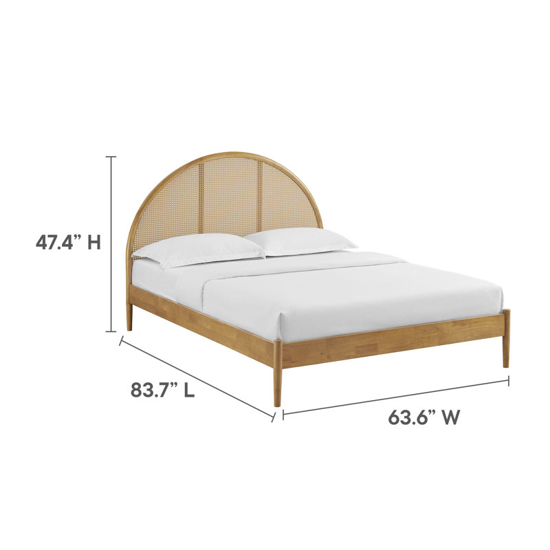 Odette Queen Oak Wood Platform Bed with Rattan Cane Headboard
