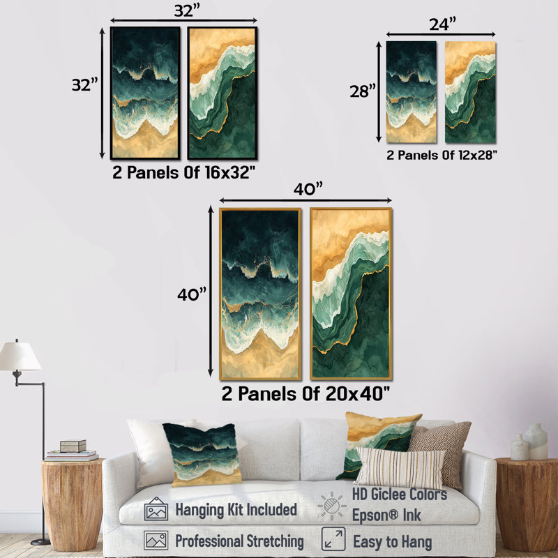 Emerald Beach Areal View I - Collection d'art mural côtier 2 panneaux, H 28 po x l 25 po, Cadre flottant noir