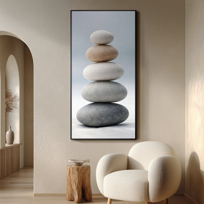 Très grande reproduction d'art sur tissu - Sculpture d'équilibre minimaliste en pierres empilées avec ciel doux pour le salon ou la chambre à coucher - «Assemblage requis du cadre (cadre non fini)»
