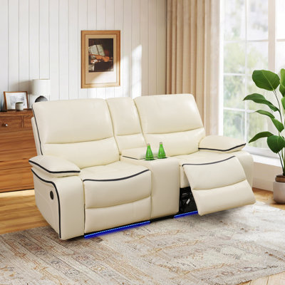Causeuse inclinable électrique 75,5 po en cuir respirant avec base à DEL, porte-gobelets et console de rangement