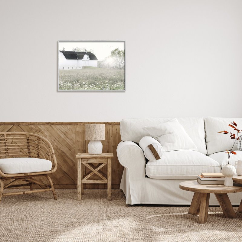 Peaceful White Barn Meadow Blooming Buds Canvas Print with Gray Wood Frame