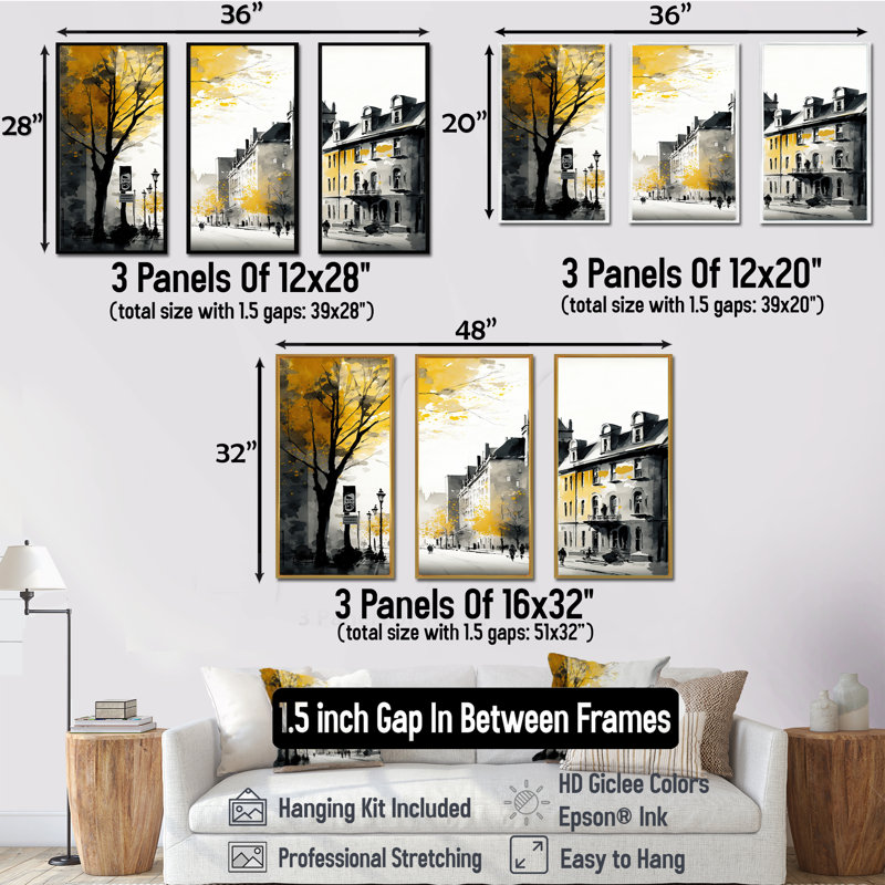 Vieux paysage urbain du Québec I - impression 3 pièces, Cadre noir, H 28 po x l 36 po x P 1 po