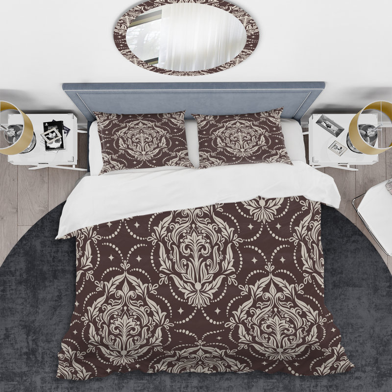 Brown Damask Polyester Damask Duvet Cover, Queen Duvet Cover + 2 Standard Shams