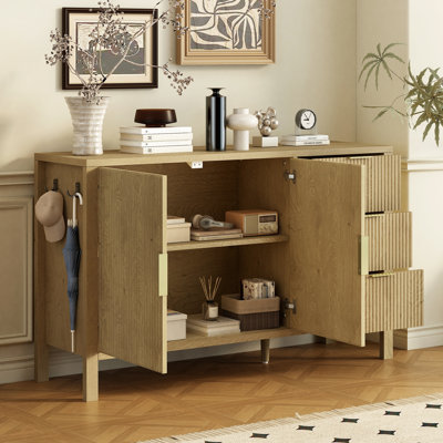Modern Wave-Pattern Sideboard with 3 Drawers, Large Storage Buffet Cabinet with Hooks and Extra Center Leg,Suitable for Living Room,Entryway,Hallway.