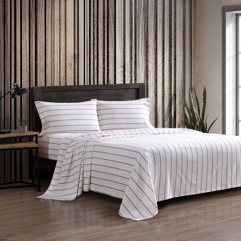 Ensemble de draps 100% coton 200 fils, Ensemble de draps pour grand lit avec 2 taies d'or, Rayures rouges