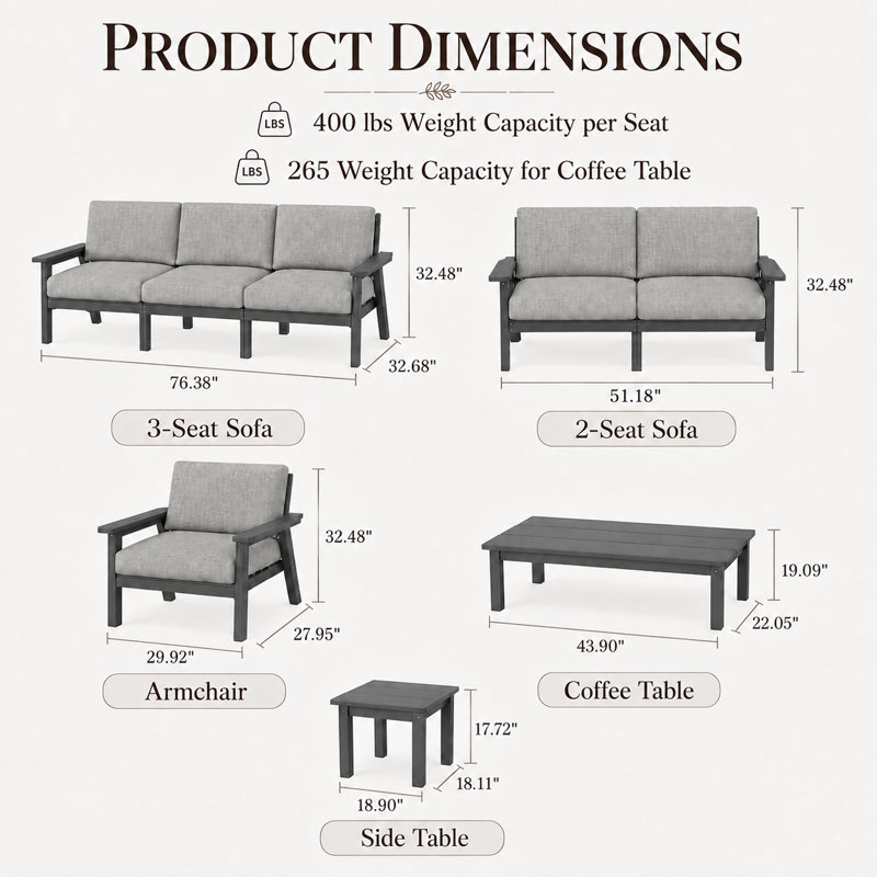 Ensemble de conversation de patio en PEHD pour 4 personnes avec coussins, ensemble de canapé de patio toutes saisons, ensemble de conversation extérieur