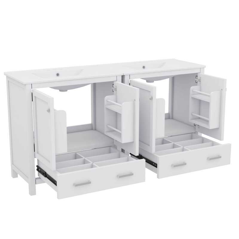 Elegant Bathroom Vanity Set With Vanities  Ceramic Sinks And Partitioned Drawers, White, 60", 4" Centerset