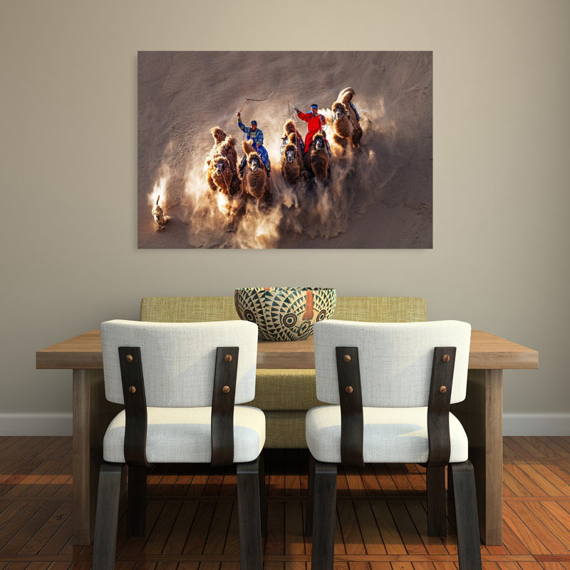 Désert de chameaux chargeant un paysage contemporain abstrait abstrait, 32" H x 48" W