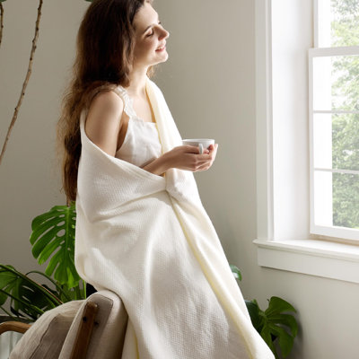 Bedsure Collection Textured Herringbone Woven Twin XL Blanket, 100% Cotton Soft Blanket for Teen Girls, Lightweight Summer Blanket for College Dorm, Ivory, 200 GSM