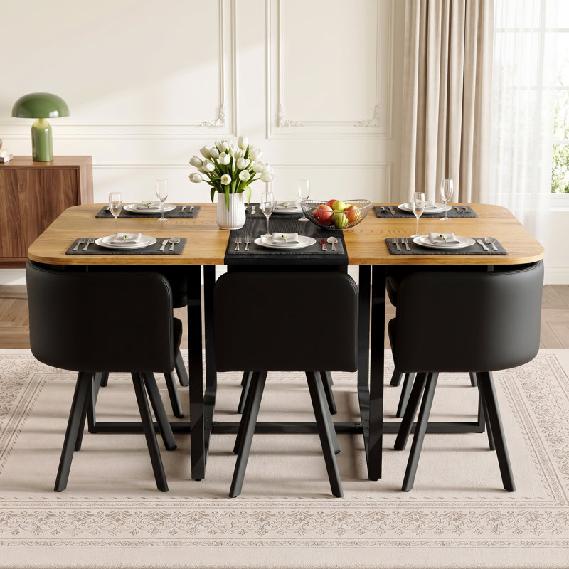 Ensemble de table de salle à manger gigogne 7 pièces avec 6 chaises rembourrées, Wood/Embossed Black