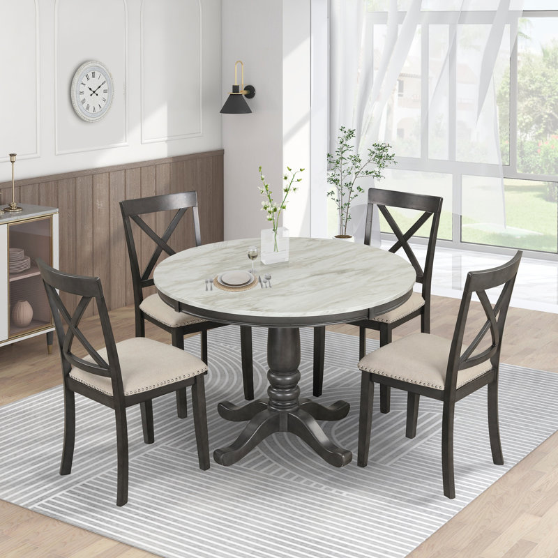 5 Pieces Dining Table and Chairs Set for 4 Persons, Kitchen Room Solid Wood Table with 4 Chairs, Beige, Gray, Gray