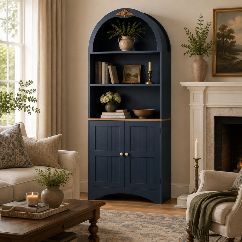 Bibliothèque moderne en bois arqué avec tablettes réglables et portes doubles, Blue