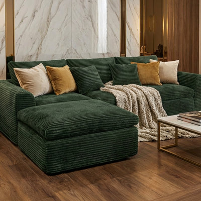 Éponge sans os de 108 pouces avec densité 30, coussins à double couche, 4 sièges, en forme de L, accoudoirs roulés, dossier coussiné, siège moelleux, American Traditional, velours côtelé, mousse ultra-haute, multiples en forme de nuage