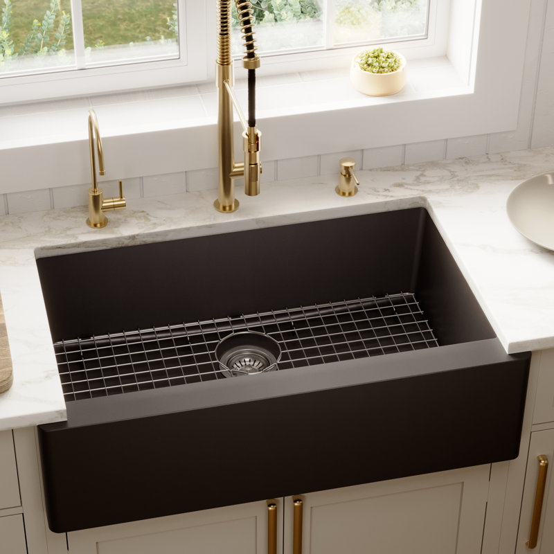 Karran Quartz 34'' X 21-1/4'' Single Bowl Farmhouse/Apron Front Kitchen Sink Kit, Black