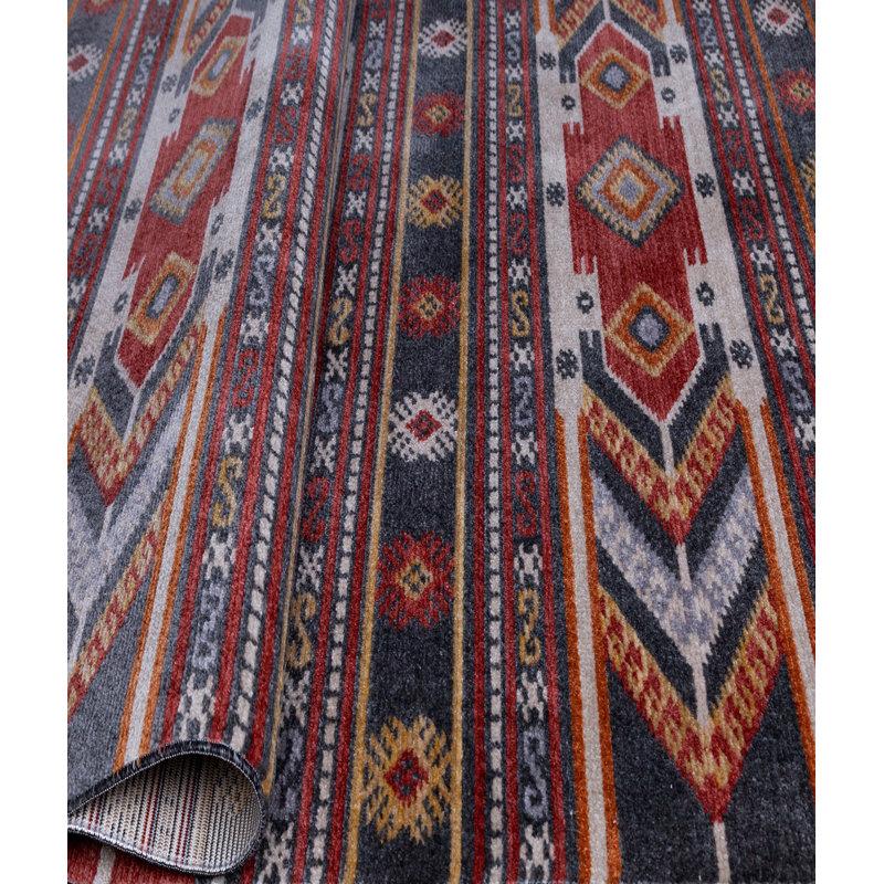 Tapis brun / rouge en polyester tissé à la machine Southwestern, Rectangle 5 pi 3 po x 7 pi 3 po