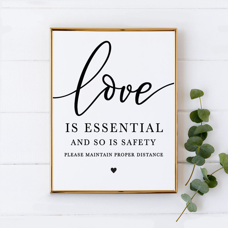 L’amour est essentiel, tout comme la sécurité, veuillez conserver la bonne distance, enseigne de table à imprimé noir et blanc formelle