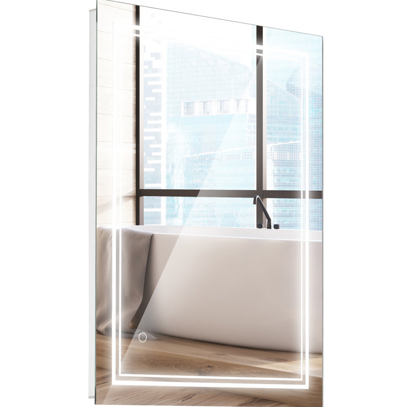 Miroir de salle de bain 32 po x 24 po à DEL, meuble-lavabo lumineux, fixation murale, bouton tactile, imperméable, argenté, horizontal ou vertical