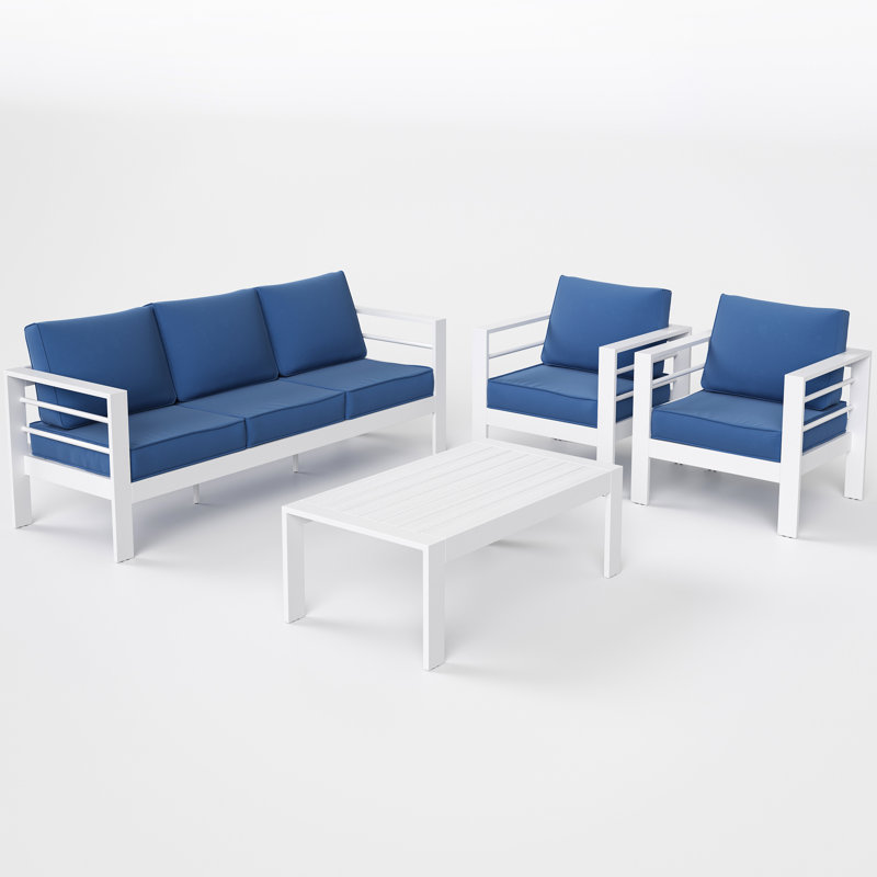 5 - Person Patio Conversation Set with Cushions, White Frame, Blue