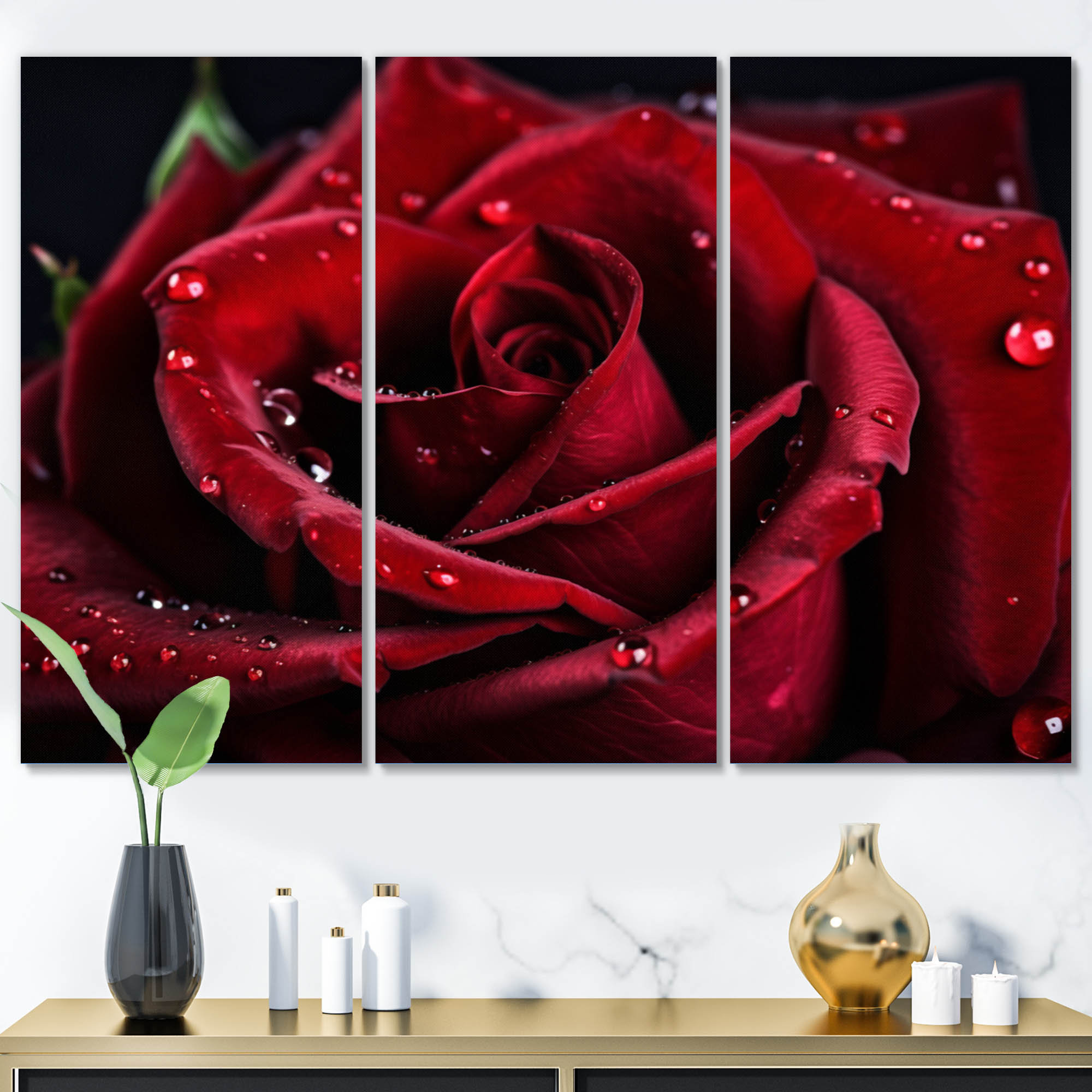 Ebern Designs Red Rose With Raindrops IV - Floral Wall Decor Set ...