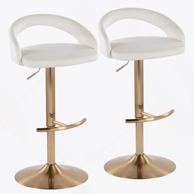 Tabouret de bar réglable en métal doré et velours blanc avec repose-pieds arrondi en T - ensemble de 2