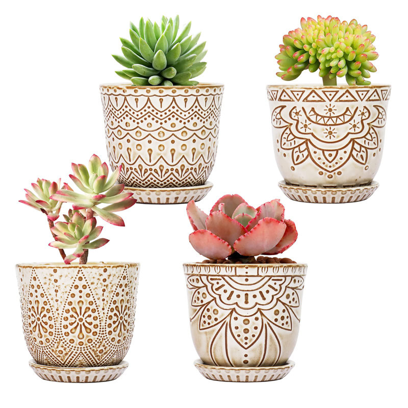 Ensemble de 4 petits pots à fleurs en céramique 4 po, Blanc, crème