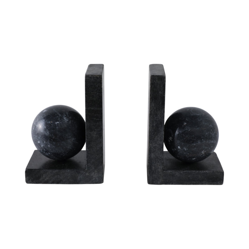 Set Of 2 6" Marble Bookend With 3" Orb, Black