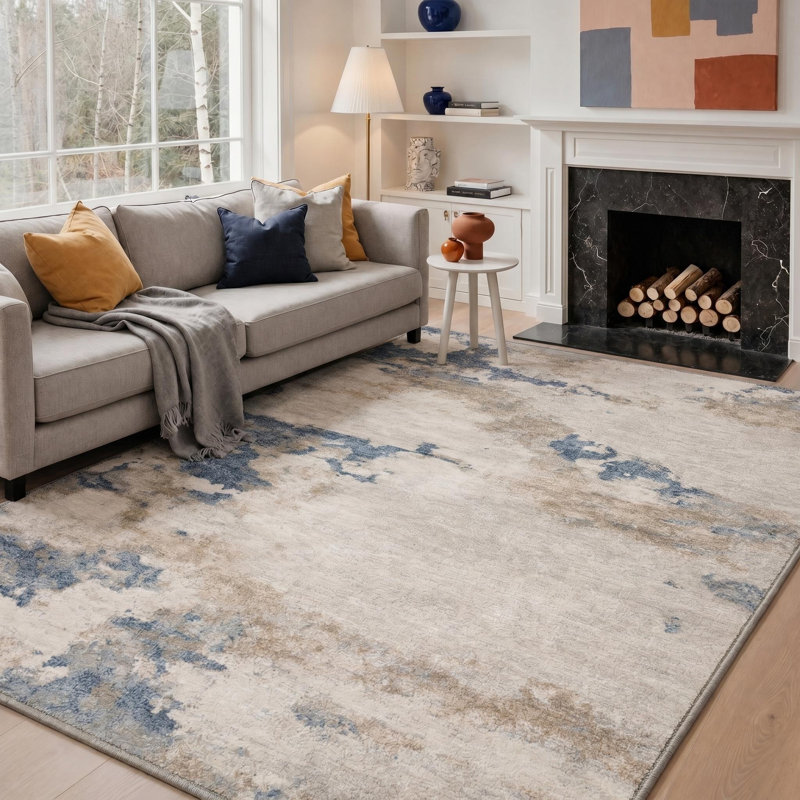 Tapis crème / bleu abstrait lavable à la machine avec envers antidérapant, Rectangle 6 pi x 9 pi