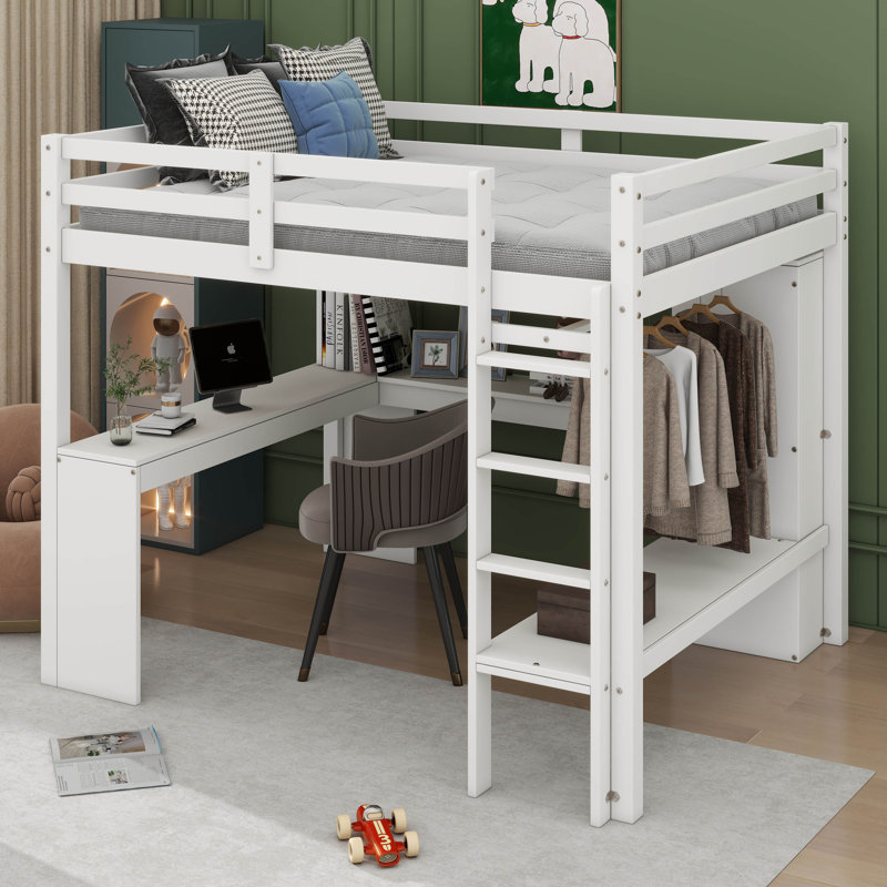 Lit mezzanine simple avec bureau en L, garde-robe et tablettes, Double, Blanc