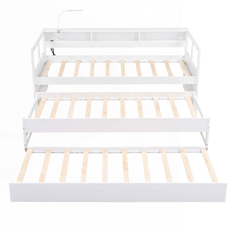 Wood Daybed with 2 Trundles, 3 Storage Cubbies, White
