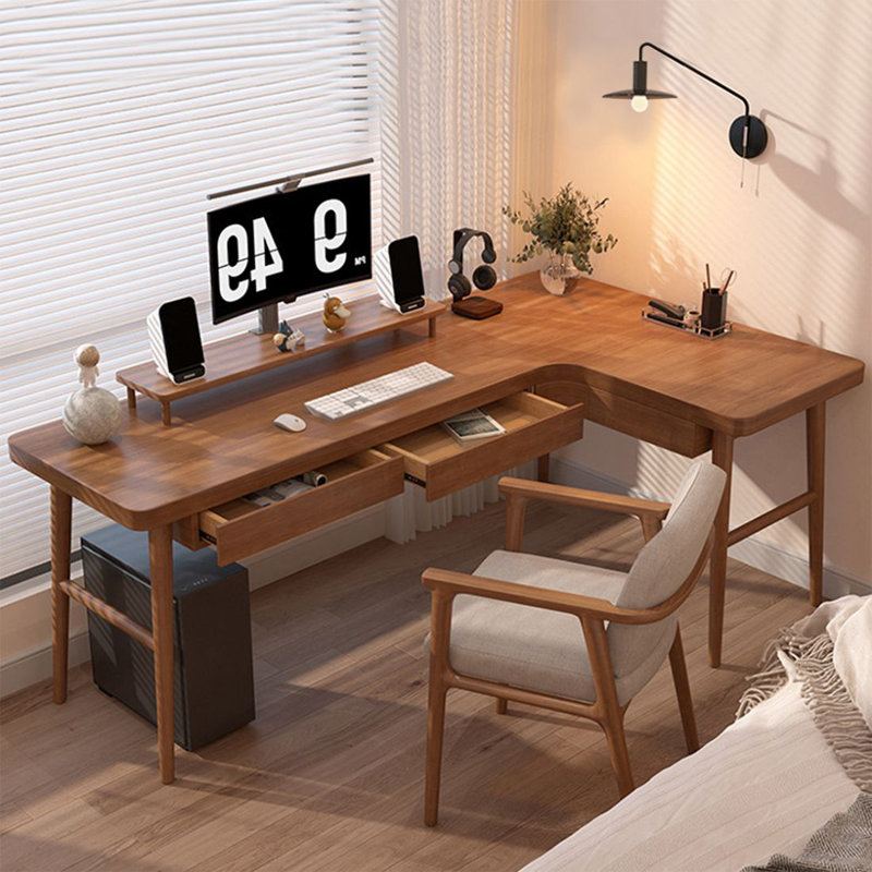 Bureau d'écriture brun en L en bois massif avec 3 tiroirs, H 29,53 po x l 62,99 po x P 39,37 po, Retour à droite