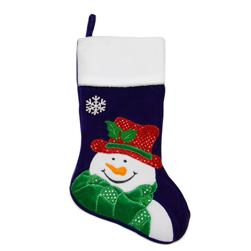 Royal Blue Velveteen Snowman Christmas Stocking with White Cuff