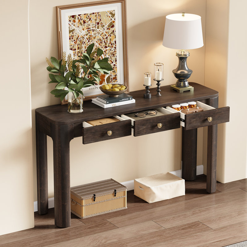 Solstice Classic Retro Console Table With 3 Drawers And Solid Wood Legs, Espresso