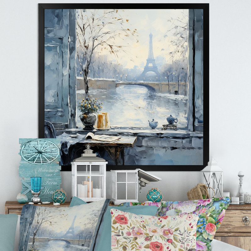 Hiver Paris, Tour Eiffel, ville, charme III - Art mural de Paris, Cadre simple noir, H 30 po x l 30 po x P 1,5 po