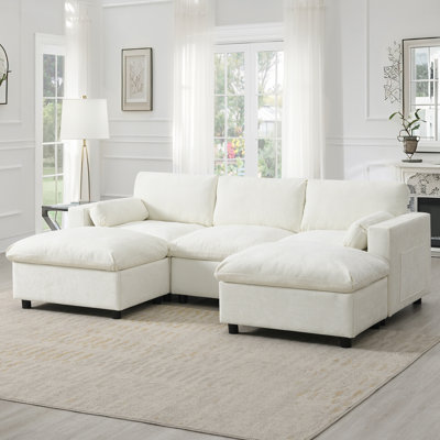 86.5'' Chenille Modular Sectional Sofa With Storage Pockets, 5 Seat U Shaped Couch Set With Pillows,Free Combination,Modern Cloud Sofa With 2 Movable Ottoman