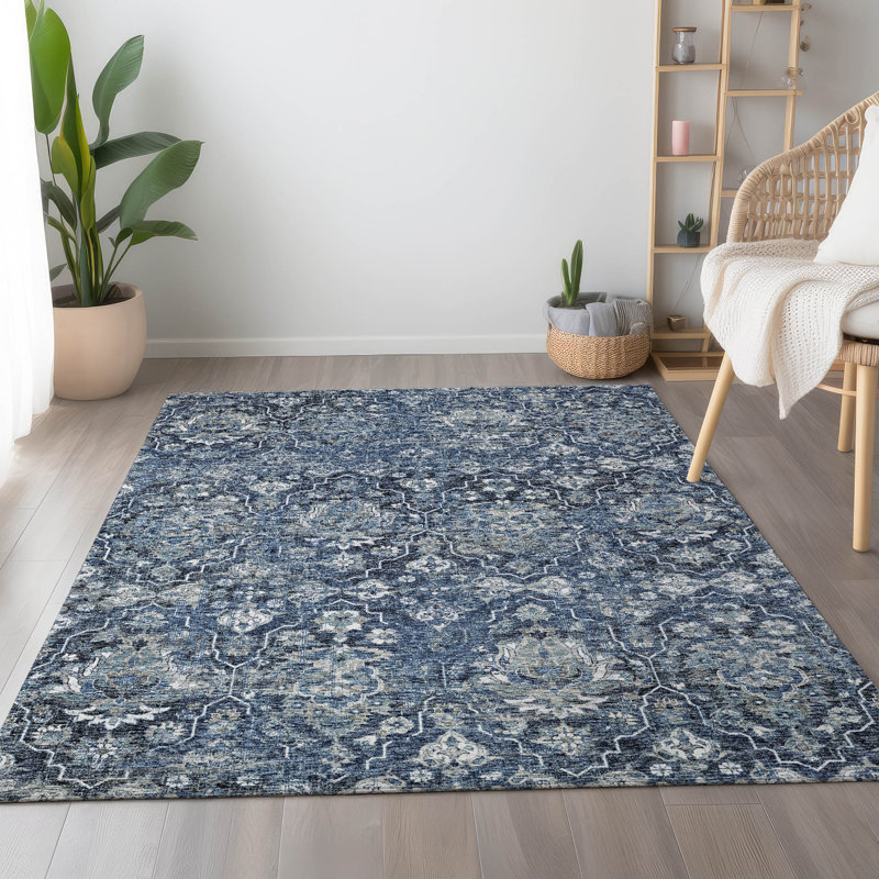 Tapis bleu Premium Alliah AMF94 lavable à la machine, Rectangle 8 pi x 10 pi